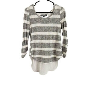 Striped Knit Long Sleeve Top with White Mesh High Low Shirttail
